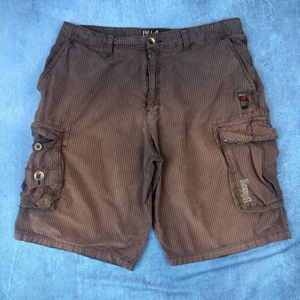 Billabong Mens 34 Brown Pinstripe Cargo Shorts Y2K Embroidered Cotton
